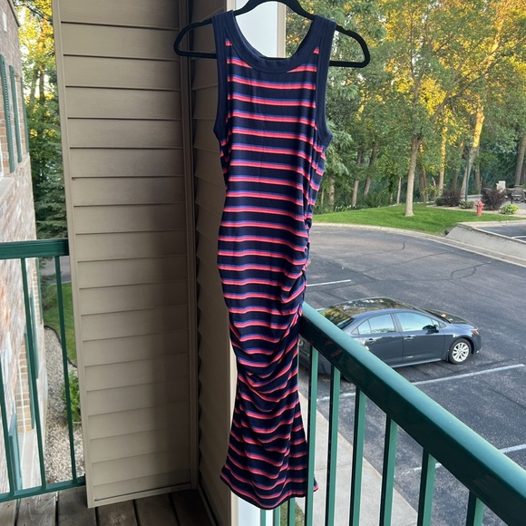🆕 Michael Stars Navy Red Striped Tank Midi Dress Ruched Side Bodycon Size S - Picture 3 of 12